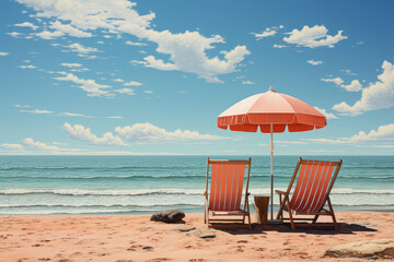 Leinwandbilder - Modern Beach Chairs with Umbrella on a Sand Ocean Beach extreme closeup. Generative AI