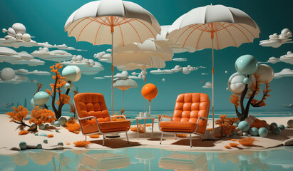Leinwandbilder - Modern Beach Chairs with Umbrella on a Sand Ocean Beach extreme closeup. Generative AI