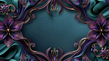 teal green and deep purple 3d mandala border frame wall, luxurious yet modern for any occasion use, ceiling wall interior, podium background wall interior or exterior design