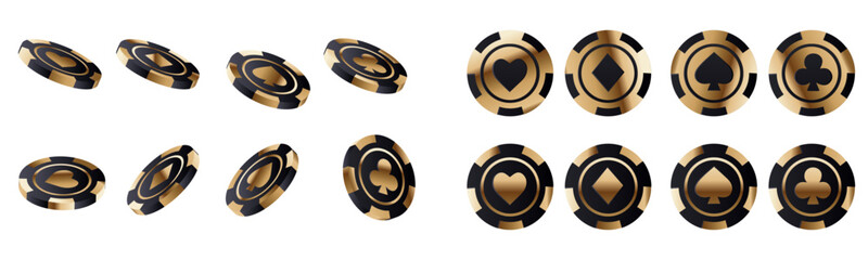 Wall Mural - 3d golden casino club poker chip rotation vector. Realistic isolated gold and black metal luxury blackjack symbol animation