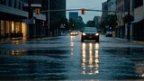 Fototapeta Londyn - Severe flooding on a downtown road while raining hard with stormy dark sky from Generative AI