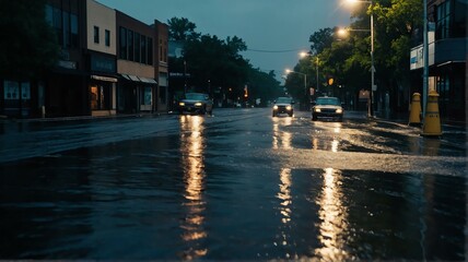 Poster - Severe flooding on a downtown road while raining hard with stormy dark sky from Generative AI