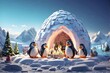A family of cartoon penguins building an igloo together on a snowy landscape