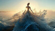 Beautiful goddess or nymph in intricate dress made of splashes walks on lake