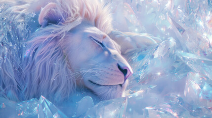 Wall Mural - Unreal lion sleeping on blue crystals