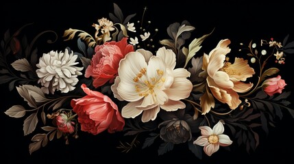 Vintage flowers. Peonies, tulips, lily, hydrangea on black. Floral background. Baroque style floristic illustration