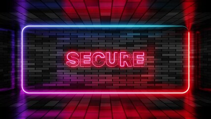 Neon sign secure in speech bubble frame on brick wall background 3d render. Light banner on the wall background. Secure loop internet security, design template, night neon signboard