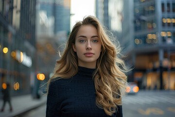 Happy businesswoman smiling in city setting portrait of modern female success and style showcasing young and fashionable lady in an urban professional life with trendy lifestyle of woman in business