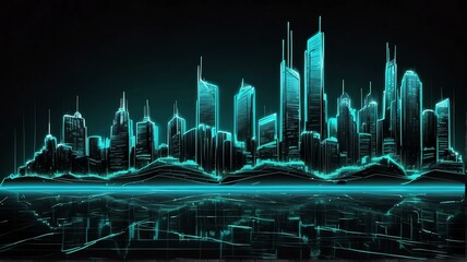 Wall Mural - City landscape made of zigzag rays mesh of thick teal glowing neon lights on plain black background from Generative AI