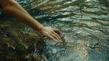 A Woman's Hand Tugging The Water In A Forest River Over morning Tenting Trips And Space, Generative AI.