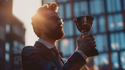 A triumphant businessman in a suit holds a golden trophy aloft, symbolizing his success and recognition as a top-performing employee or entrepreneur in a corporate setting.