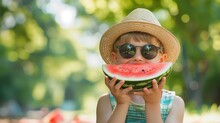 Eating A Watermelon Over A Setting Of Fuzzy nature Is A Little Lad With Shades And A Summer Hat And Space, Generative AI.