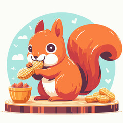  Red Fluffy Squirrel with Bushy Tail Holding Acorn eating peanut