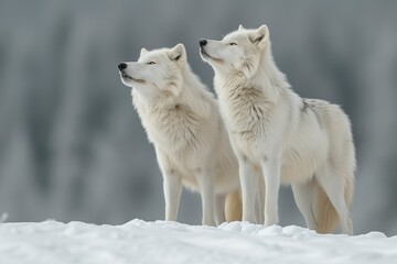  Two majestic wolves, their white coats blending with the snowy landscape, stand strong and free in the harsh winter, embodying the untamed spirit of the wild