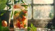 A refreshing agua fresca made with fresh fruit and herbs, condensation forming on the glass