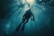 A person in a scuba suit exploring the underwater world. Ideal for travel brochures and websites related to scuba diving and marine life