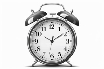 A silver alarm clock on a plain white background. Suitable for time management concepts or as a symbol for waking up early