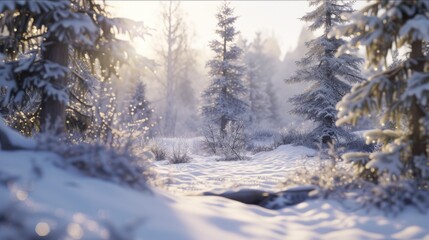 Sticker - A picture of a snow covered forest with a dense collection of trees. This image can be used to depict a winter landscape or a serene natural environment