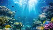 underwater coral reef landscape background in the deep blue ocean with colorful fish and marine life