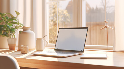 Wall Mural - minimalist workspace at home work from home concept, laptop on table
