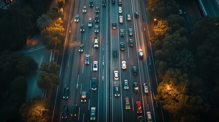Wall Mural - Top down view of crowded motorway lanes.