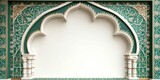 Fototapeta  - Luxurious Arabic background with stylish white and green patterns and ornate arch frame, Generative AI 