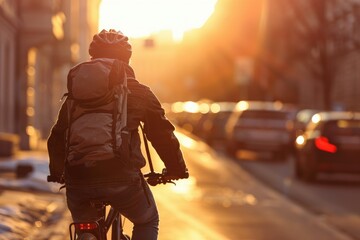 Canvas Print - A person riding a bike on a city street. Can be used to depict urban transportation or an active lifestyle