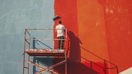 Wall Mural - A man is seen painting a red wall from a scaffold. This image can be used to depict construction, renovation, or creative work