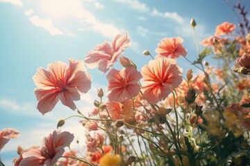 Wall Mural - Pink flowers fill a field under a clear blue sky. Perfect for springtime or nature-themed projects