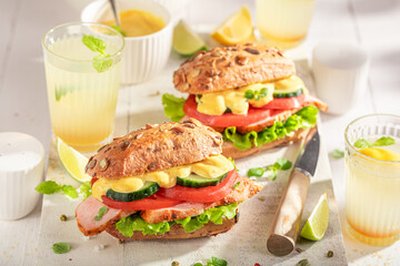 Canvas Print - Fresh sandwich with curry chicken, cheese and chive.