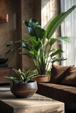 Fototapeta Tulipany - Cozy living room corner with lush potted plant and soft lighting. Ideal for interior design and home decor inspiration. 