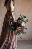 Fototapeta Tulipany - Elegant bridal bouquet with dress, ideal for wedding design inspiration. 