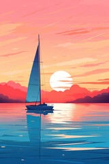 Wall Mural - Sunset Serenity: a Tranquil Evening Sailboat Voyage on a Tropical Coast