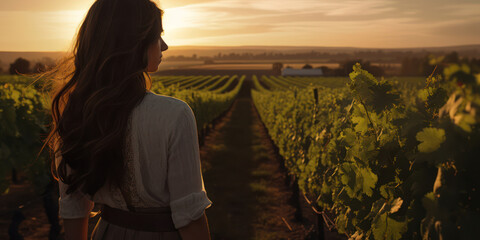 Wall Mural - Rural Sunset: A Serene Vineyard Landscape with Green Grapes, Vibrant Nature, and Harvesting farmers against a Scenic Bordeaux Countryside Background