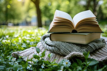 Wall Mural - A blanket and a book under a tree in a sunny spring park professional photography