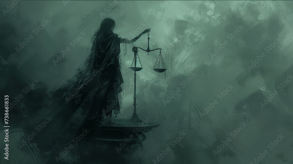 Mysterious person silhouette in black outfit standing with scales of ...