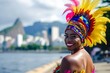 African woman portrait in a bright carnival costume on a Rio Janeiro city