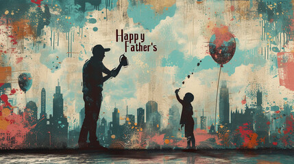 Wall Mural - A graffiti style of a father and his child spraying paint on a wall with 