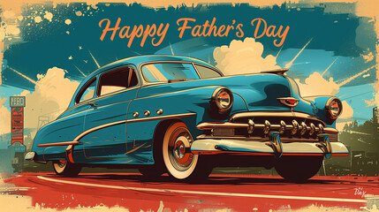 Wall Mural - A retro-inspired card with a 1950s aesthetic, showcasing a vintage car and the text 