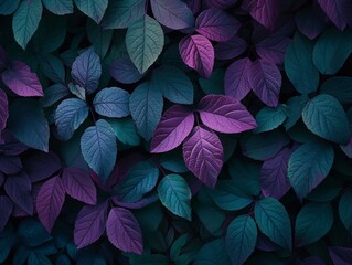 Wall Mural - CloseUp Photo of Purple and Green Leaves on Dark Background with Detailed Textures and Vibrant Colours