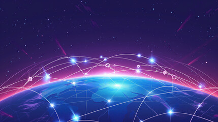 Wall Mural - Global satellite communication showing big data being transmitted across the world while using the internet by the use of worldwide artificial intelligence, stock illustration image