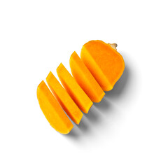 Ripe butternut squash cut into slices, isolated on a white background.