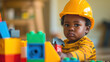 Black Toddler Builder: A toddler with a hard hat and toy tools, pretending to build structures with blocks or toy construction sets
