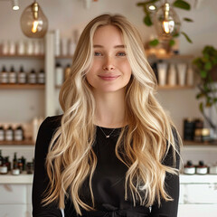 25 year old female with long blonde hair wearing black working in a beauty salon smiling clean minimalist style light colors editorial style magazine blurred background