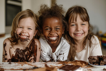 Happiness with chocolate, smiling children having fun with creamy chocolate Children's Day Happy Easter and lots of chocolate for dessert