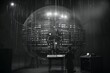 An employee operates an analog mechanical fantasy control panel in secret laboratory, industry and science fiction in style of retro futurism, in style of black and white photo reportage