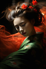 Wall Mural - geisha woman with flower in her hair and dressed in green kimono with red flowers, dancing with red cloth on a dark background