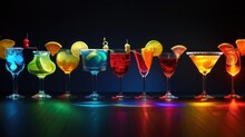 Variety Of Alcoholic Drinks And Multi Colored Cocktails On The Reflective Surface Of Bar Counter. Blurred Shelves With Bottles On Background