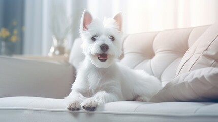 Wall Mural - a white dog is sitting on top of a white sofa