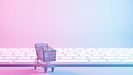 Aufkleber - This illustration depicts a shopping cart placed atop a keyboard background, merging the concepts of online shopping and digital technology.